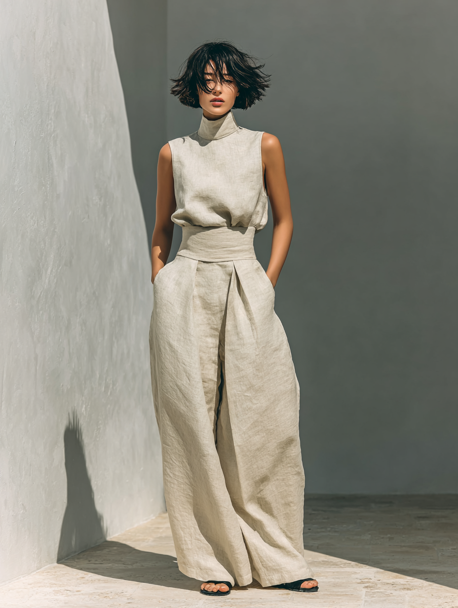 Set consisting of a sleeveless blouse and wide-leg pants in a cotton-linen blend