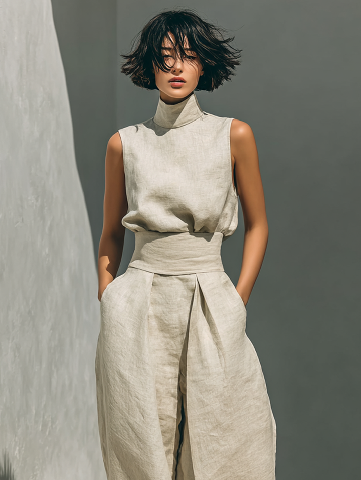 Set consisting of a sleeveless blouse and wide-leg pants in a cotton-linen blend