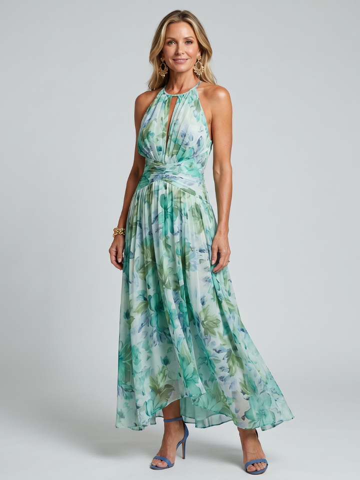 Portia | Midi dress with pleated halter neck and floral print