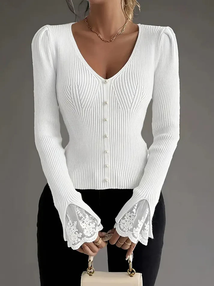 Marayelle™ | Ribbed V-Neck Lace Sleeved Sweater
