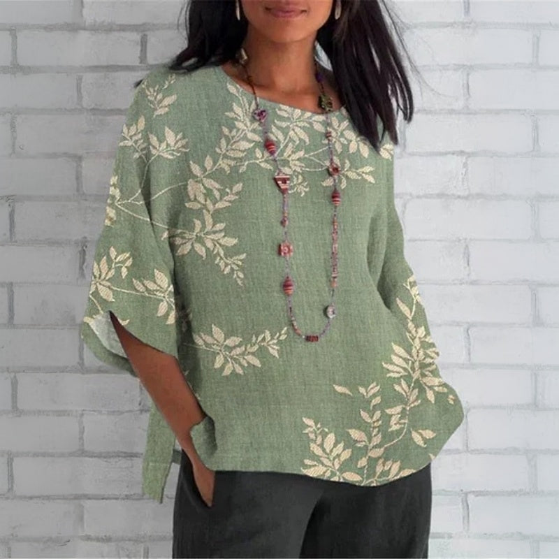 Élise™ | Vintage Leaf Print Blouse