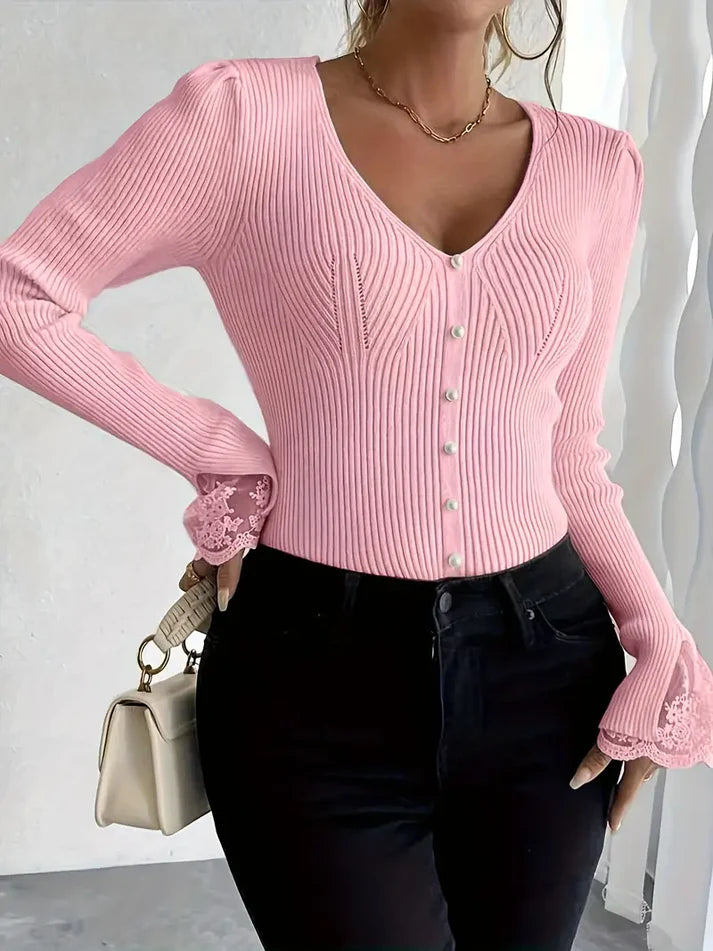 Marayelle™ | Ribbed V-Neck Lace Sleeved Sweater