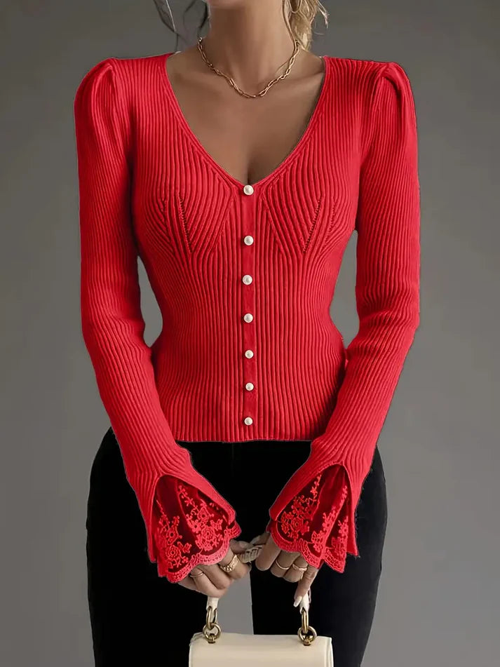 Marayelle™ | Ribbed V-Neck Lace Sleeved Sweater