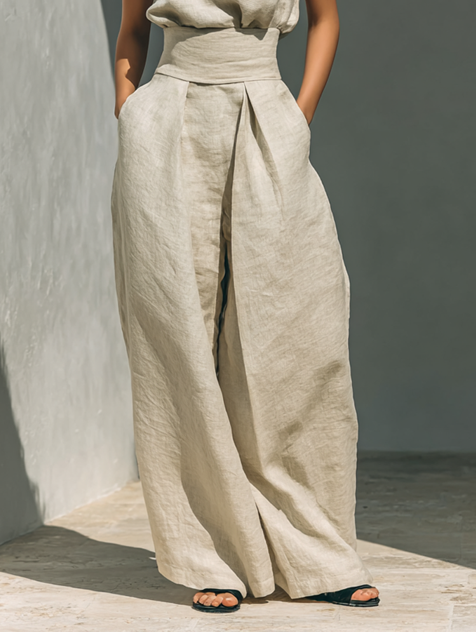 Set consisting of a sleeveless blouse and wide-leg pants in a cotton-linen blend