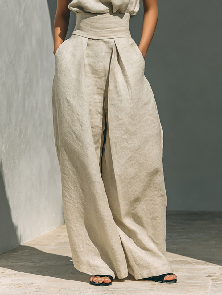 Set consisting of a sleeveless blouse and wide-leg pants in a cotton-linen blend