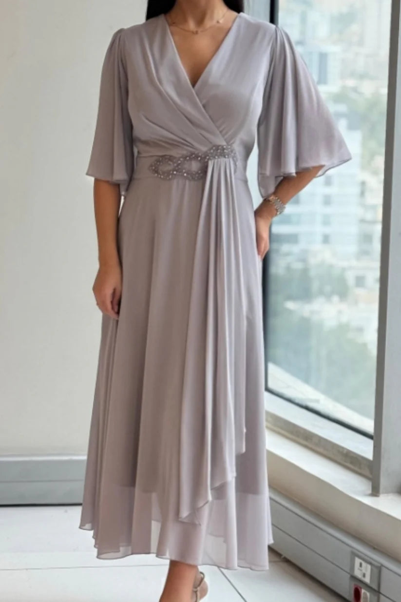 Arelia™ | Wrap V Neck Midi Dress