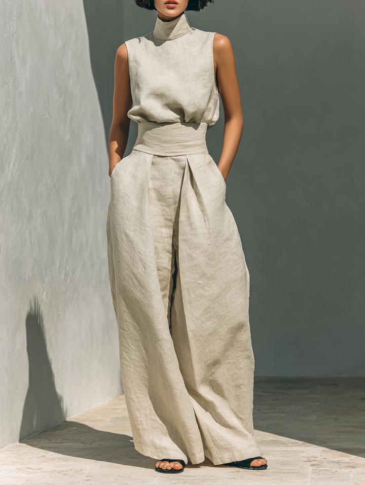 Set consisting of a sleeveless blouse and wide-leg pants in a cotton-linen blend
