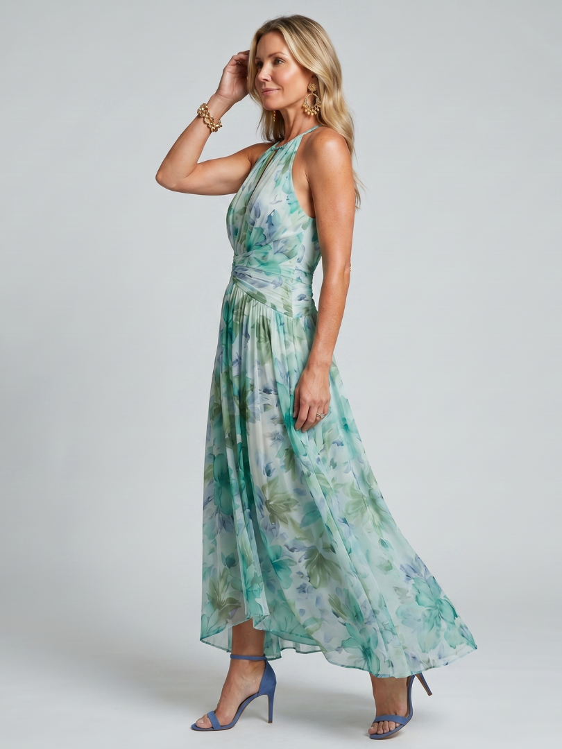 Portia | Midi dress with pleated halter neck and floral print