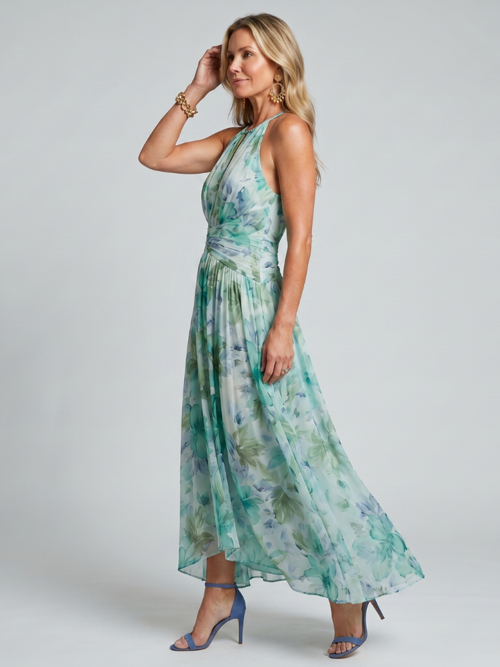 Portia | Midi dress with pleated halter neck and floral print