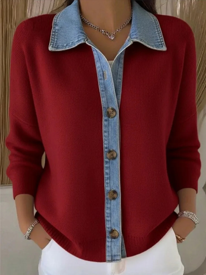 Evalisse™ | Knit Sweater with Denim Collar