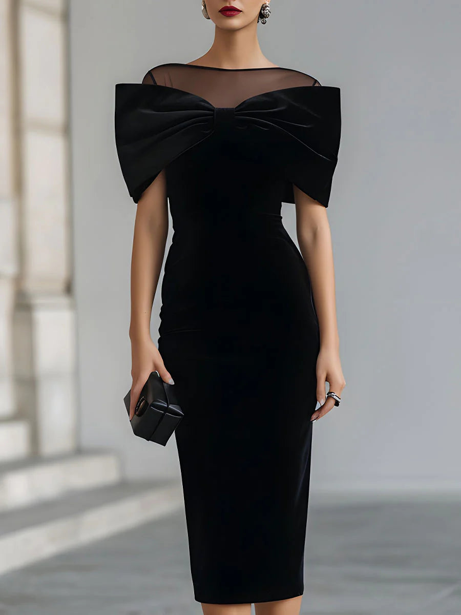 Thalynne™ | Black Velvet Bow Midi Dress