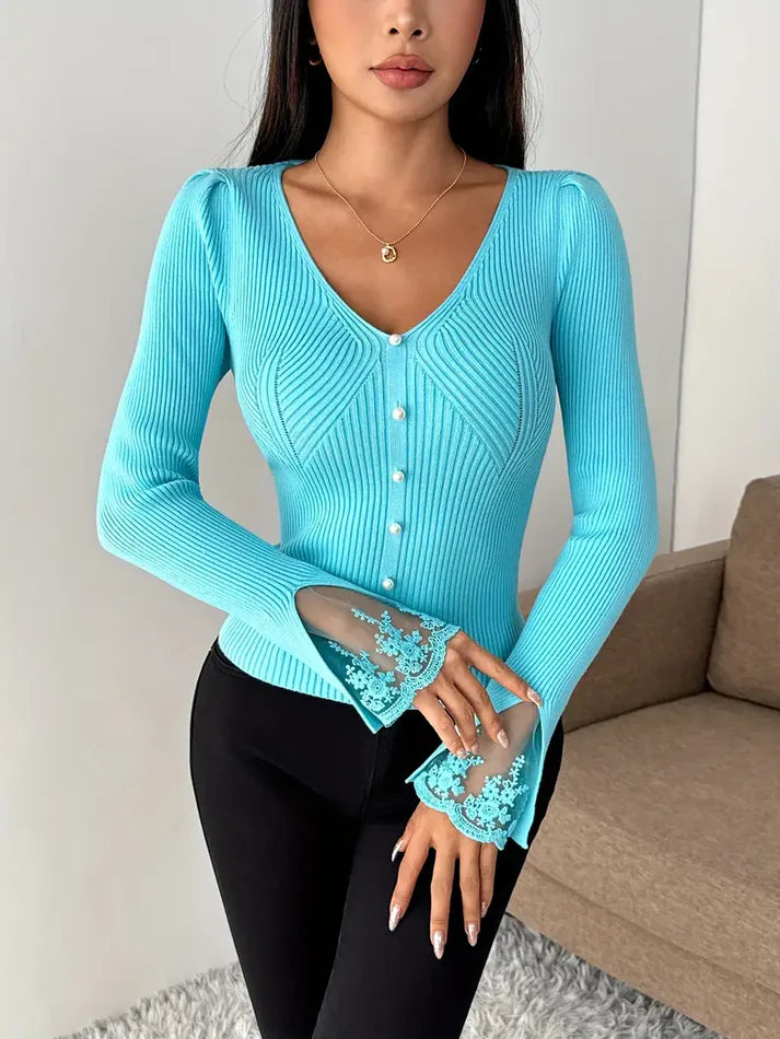 Marayelle™ | Ribbed V-Neck Lace Sleeved Sweater