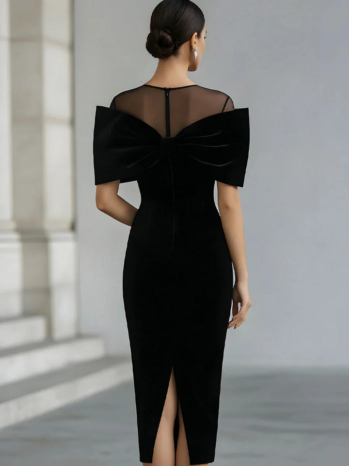Thalynne™ | Black Velvet Bow Midi Dress