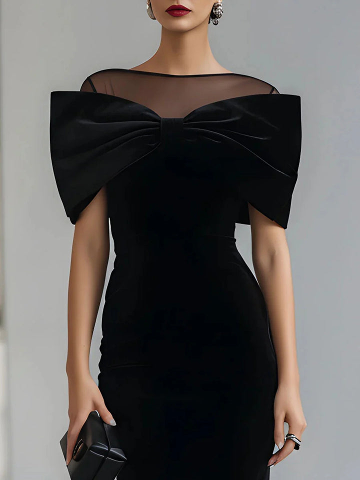 Thalynne™ | Black Velvet Bow Midi Dress