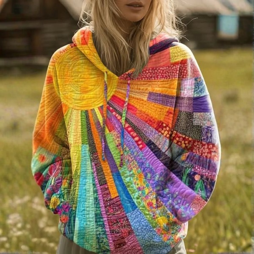 Solenya™ | Patchwork Print Hooded Sweatshirt