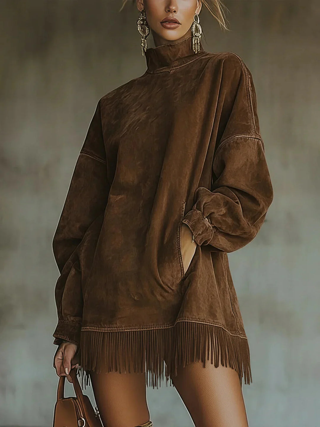 Jennifer™ | High-neck Fringed Hem Dress