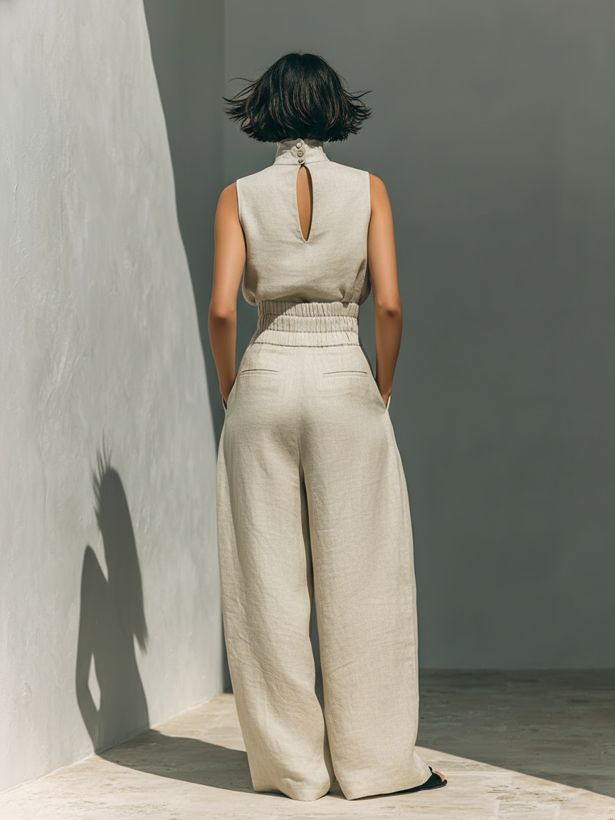 Set consisting of a sleeveless blouse and wide-leg pants in a cotton-linen blend