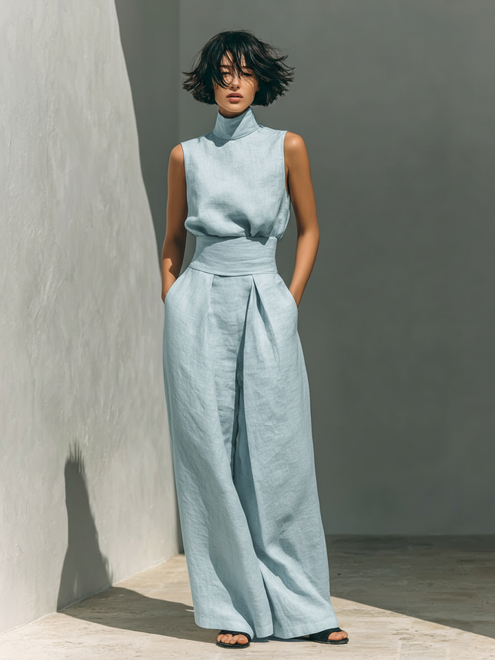Set consisting of a sleeveless blouse and wide-leg pants in a cotton-linen blend