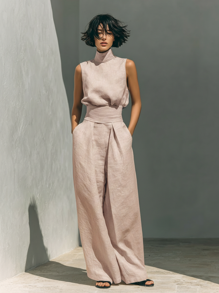 Set consisting of a sleeveless blouse and wide-leg pants in a cotton-linen blend