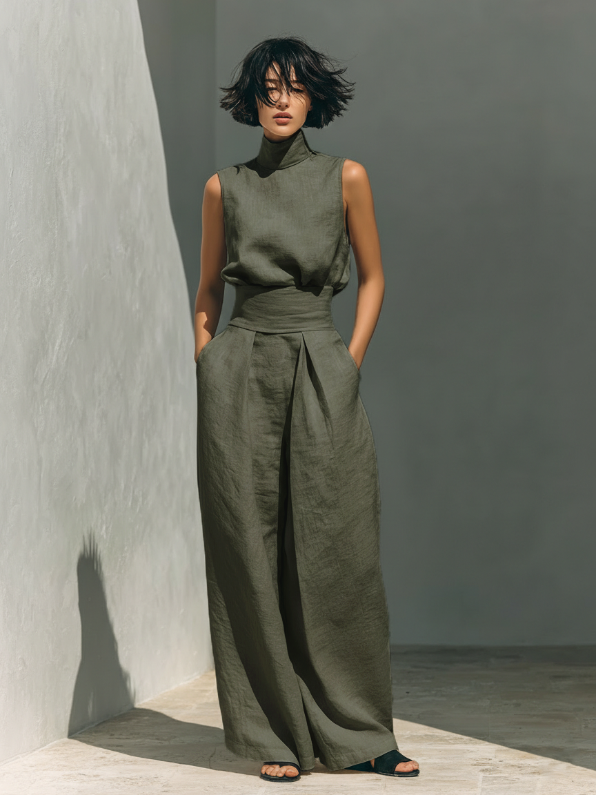 Set consisting of a sleeveless blouse and wide-leg pants in a cotton-linen blend