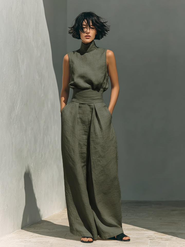 Set consisting of a sleeveless blouse and wide-leg pants in a cotton-linen blend