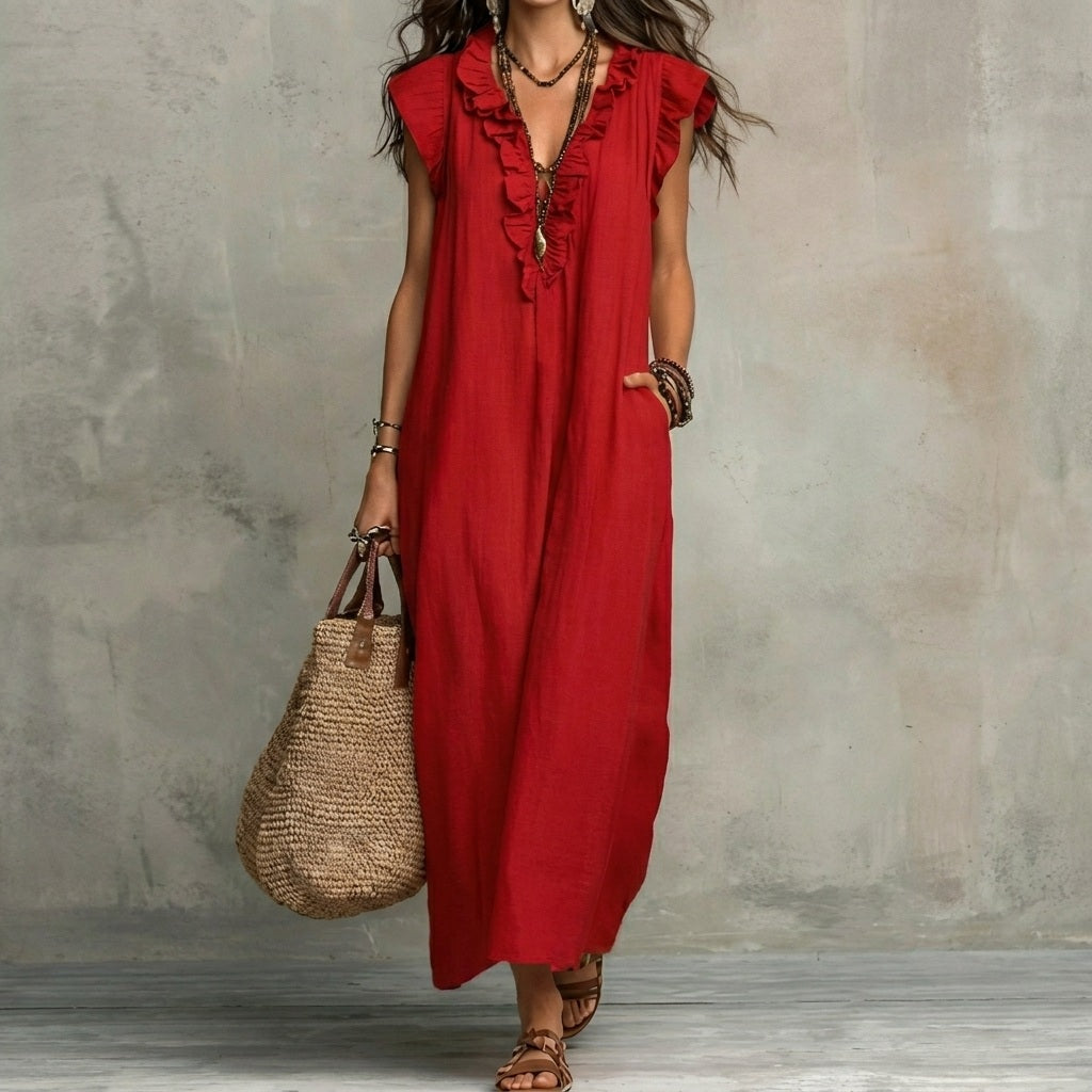 Josefina™ | Long linen-textured dress with a V-neckline and ruffles