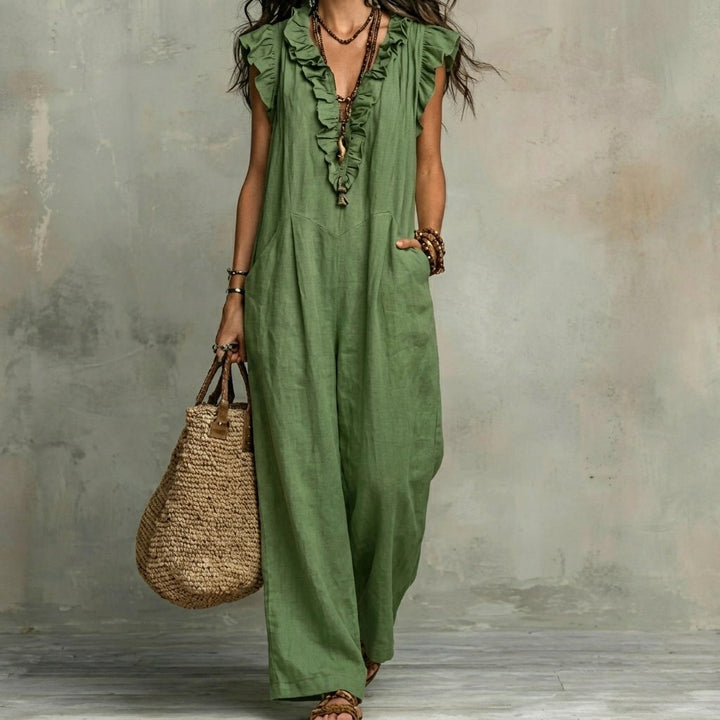 Josefina™ | Long linen-textured dress with a V-neckline and ruffles