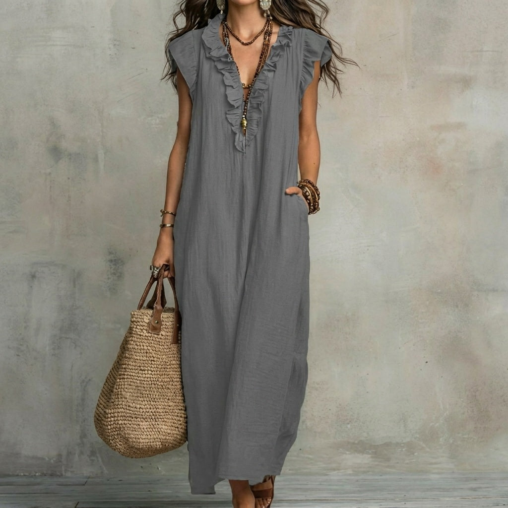 Josefina™ | Long linen-textured dress with a V-neckline and ruffles