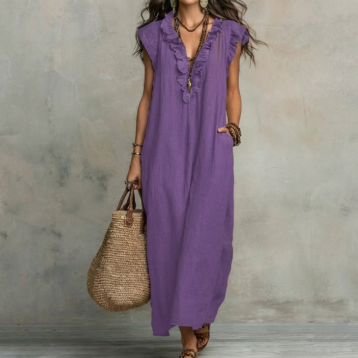 Josefina™ | Long linen-textured dress with a V-neckline and ruffles