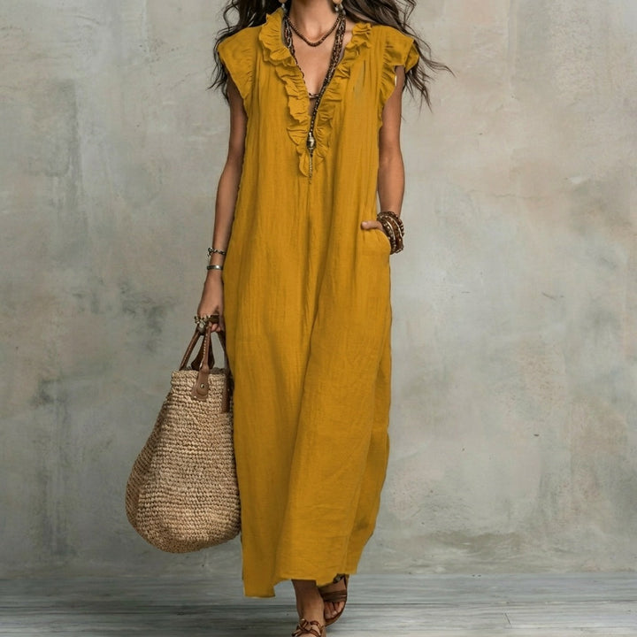 Josefina™ | Long linen-textured dress with a V-neckline and ruffles