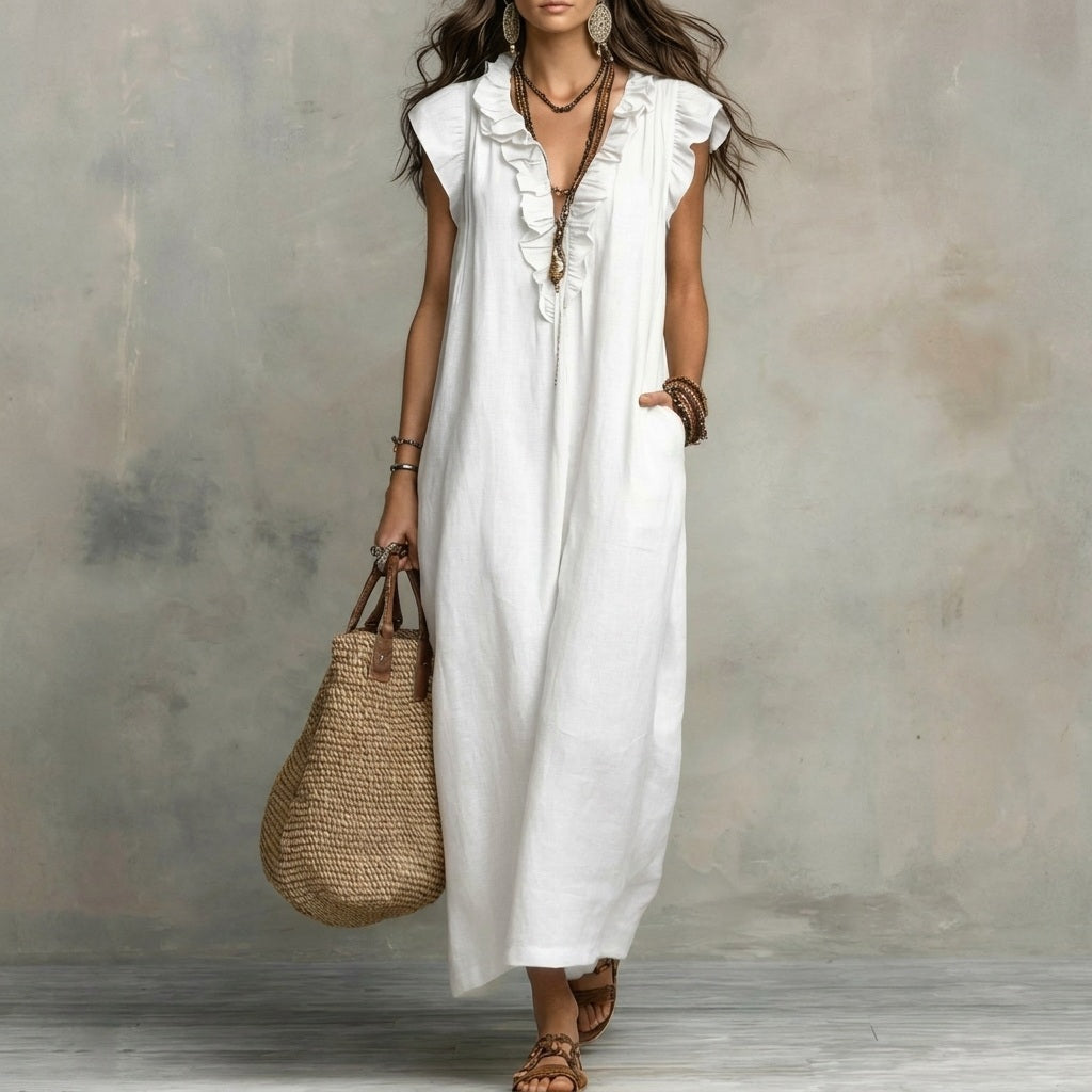 Josefina™ | Long linen-textured dress with a V-neckline and ruffles