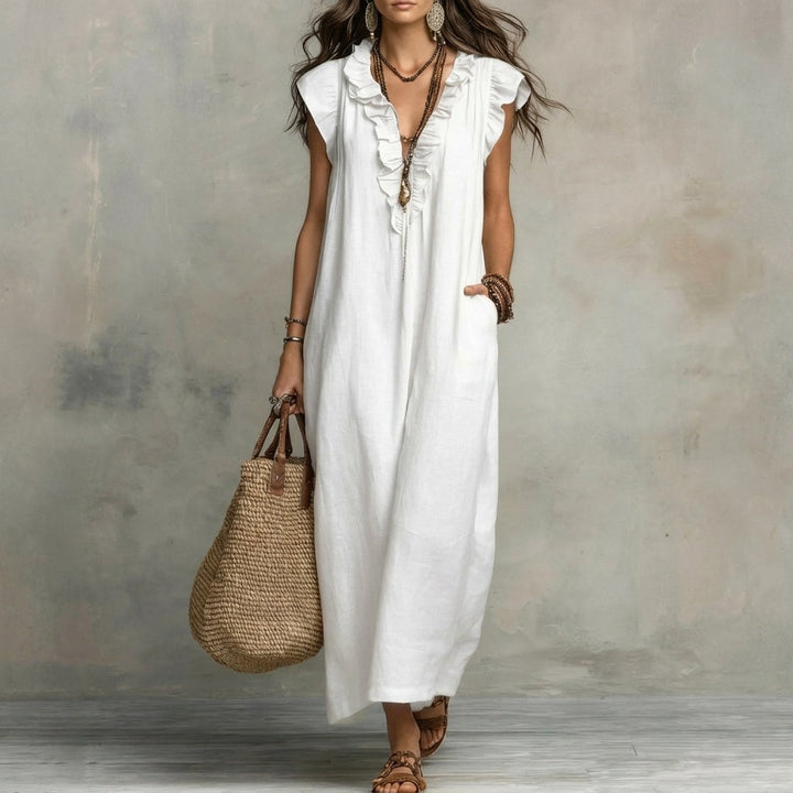 Josefina™ | Long linen-textured dress with a V-neckline and ruffles