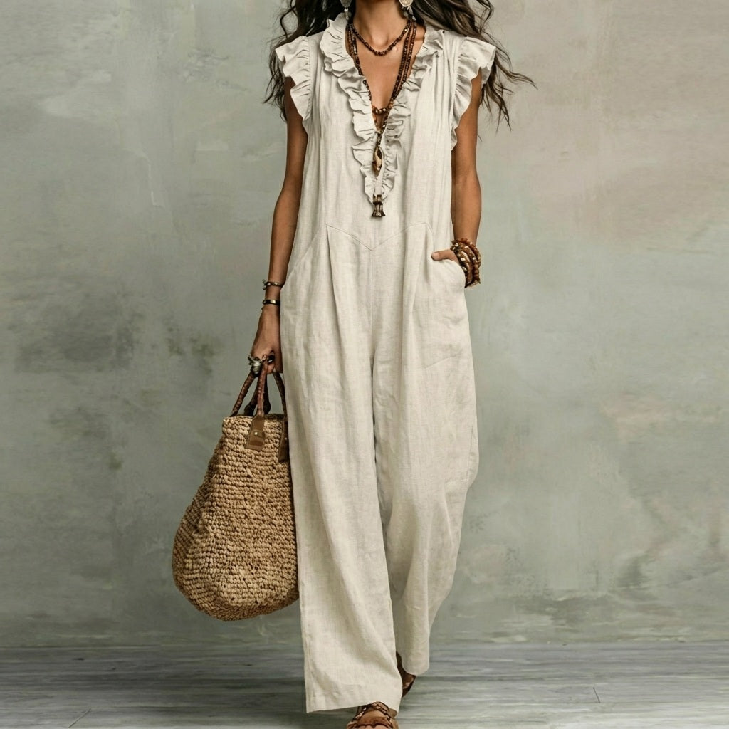Josefina™ | Long linen-textured dress with a V-neckline and ruffles