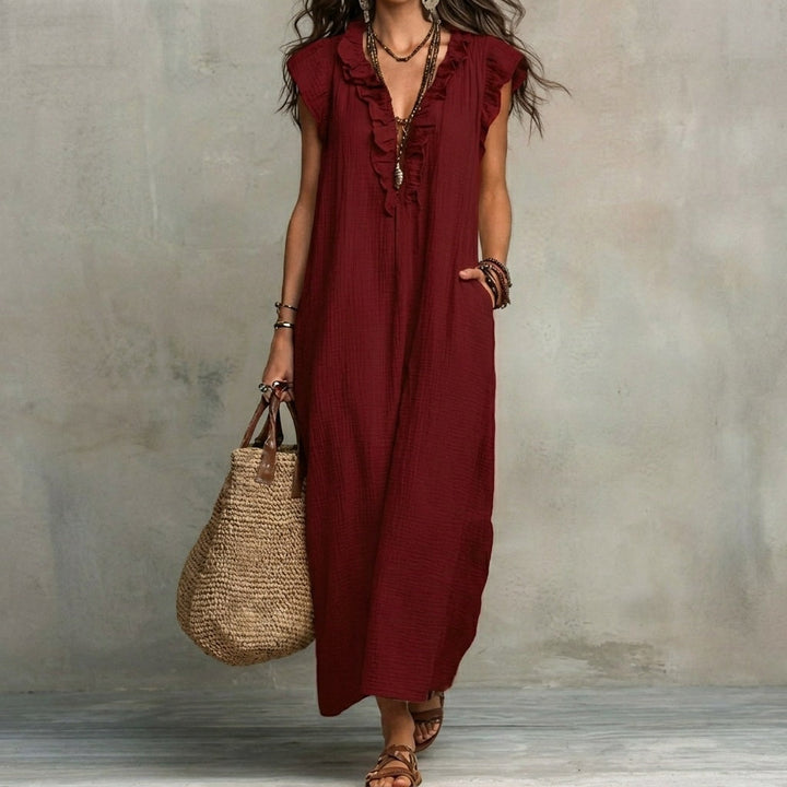 Josefina™ | Long linen-textured dress with a V-neckline and ruffles