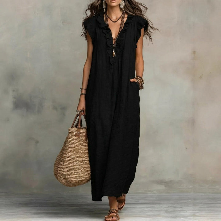Josefina™ | Long linen-textured dress with a V-neckline and ruffles