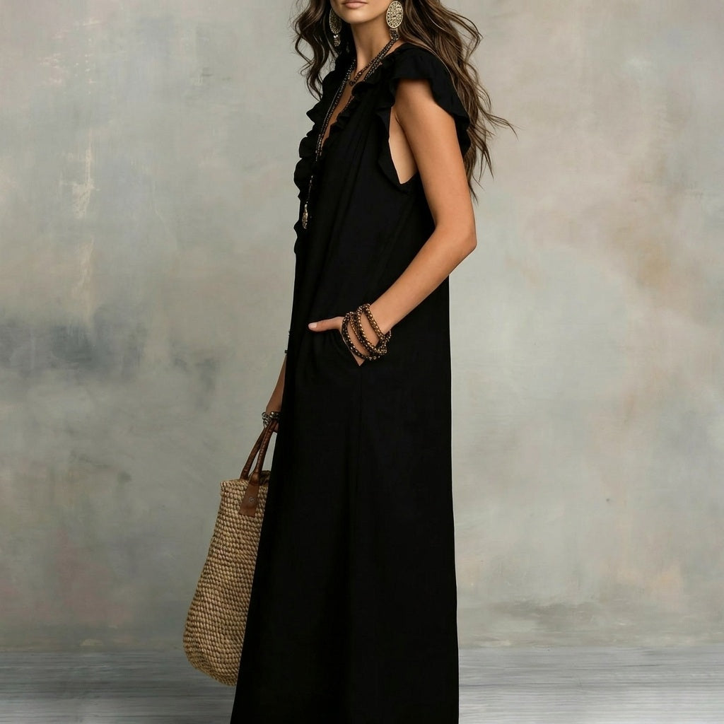Josefina™ | Long linen-textured dress with a V-neckline and ruffles