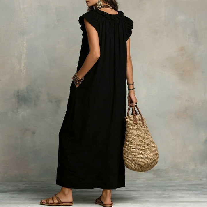 Josefina™ | Long linen-textured dress with a V-neckline and ruffles