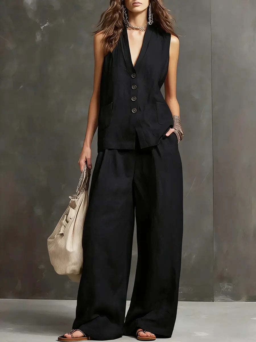 Two-piece set in cotton and linen with a sleeveless waistcoat and wide-leg trousers.