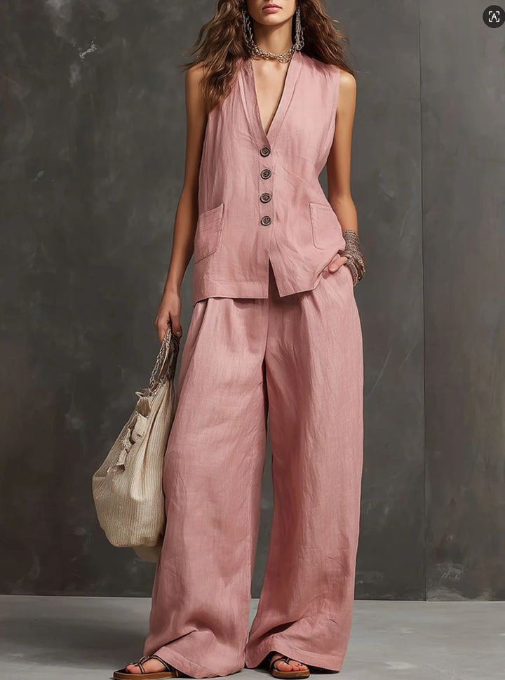 Two-piece set in cotton and linen with a sleeveless waistcoat and wide-leg trousers.