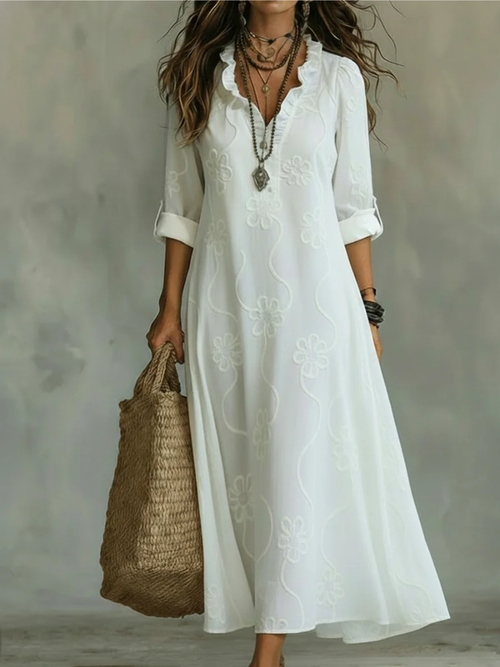Delyra™ | Embroidery Details V-neck Dress