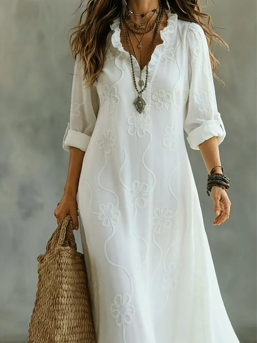 Delyra™ | Embroidery Details V-neck Dress