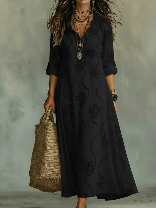 Delyra™ | Embroidery Details V-neck Dress