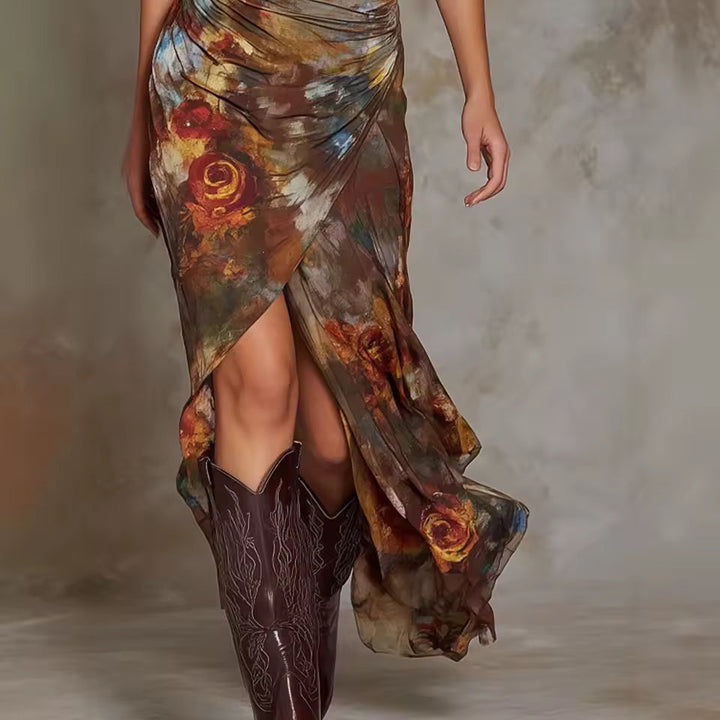 Harper | Bohemian Abstract V-Neck Pleated Midi Dress