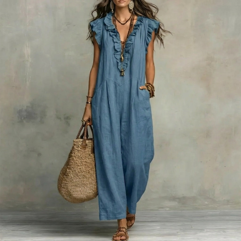 Josefina™ | Long linen-textured dress with a V-neckline and ruffles