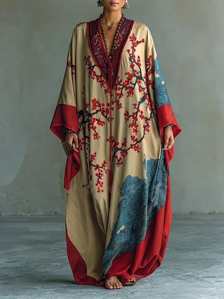 Jeza™ – Japanese maxi dress with red plum blossoms and bat-wing sleeves