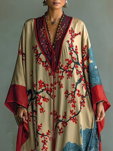 Jeza™ – Japanese maxi dress with red plum blossoms and bat-wing sleeves
