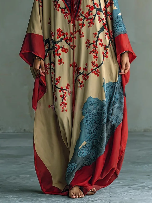 Jeza™ – Japanese maxi dress with red plum blossoms and bat-wing sleeves