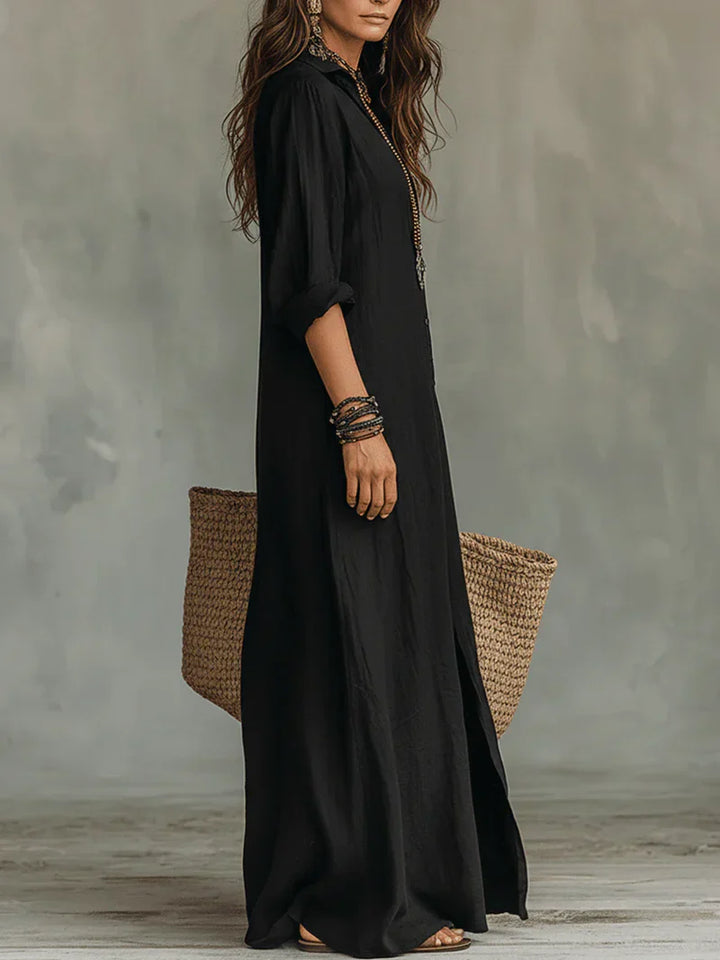 Selena™ | Loose Black Maxi Dress with Buttons