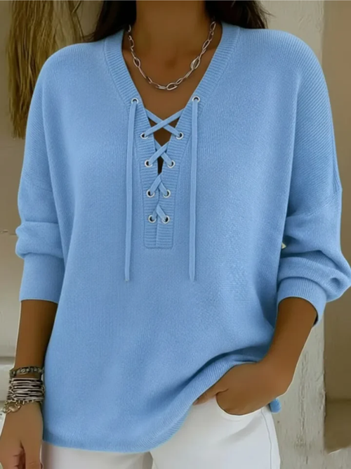 Khatrine™ | Lace-Up V-Neck Knit Sweater