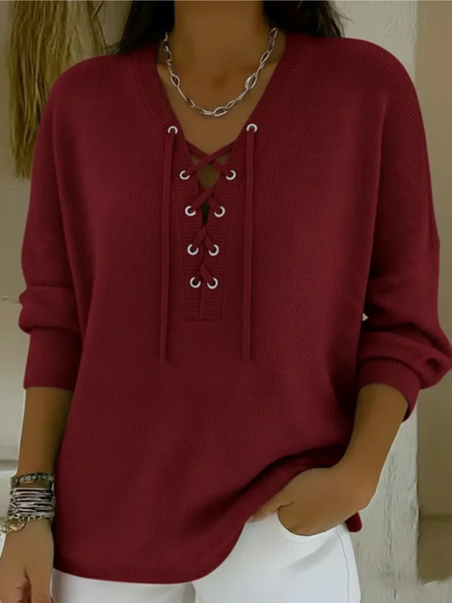 Khatrine™ | Lace-Up V-Neck Knit Sweater